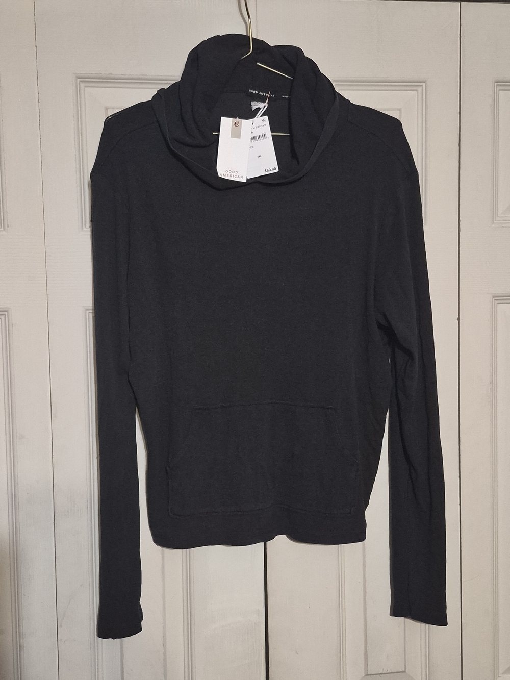 Good American Black Funnel Neck Sweatshirt with Kangaroo Pocket